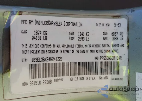 2004 Dodge Stratus Se z USA, uszkodzony, nr VIN 1B3EL36X04N241229